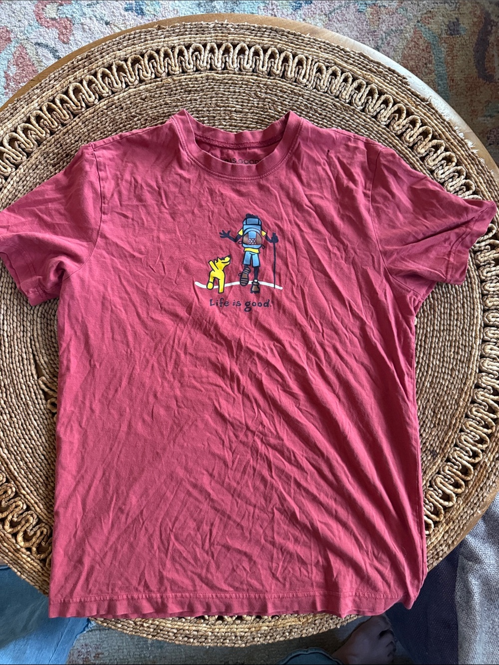 Life Is Good Coral-Red Graphic Tee with Hiker and Dog